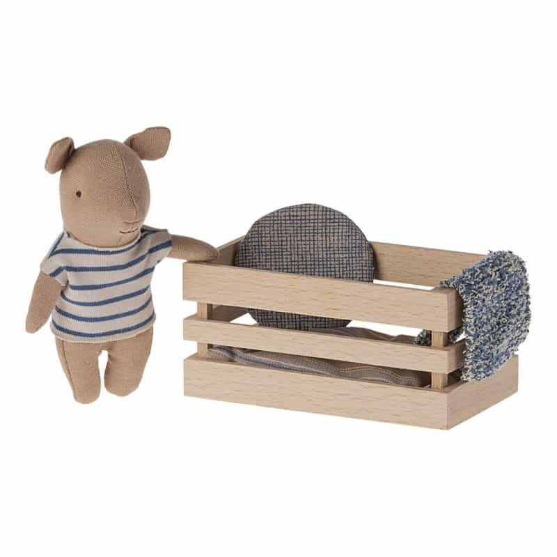 Baby Pig In Wooden Box - Blue Stripes