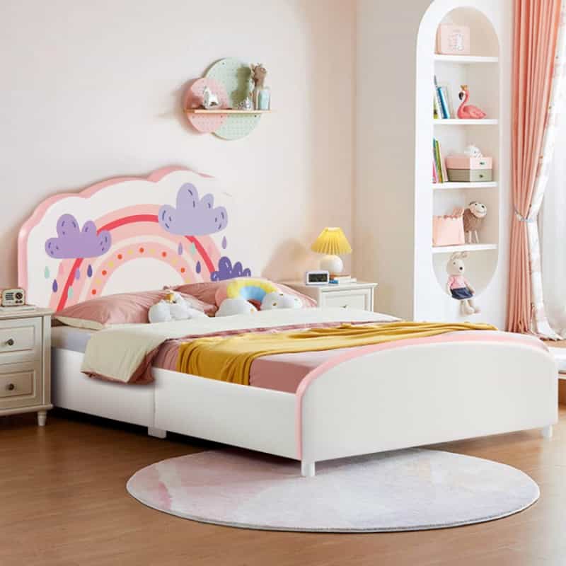 Kids Twin Size Upholstered Platform Wooden Bed With Rainbow Pattern
