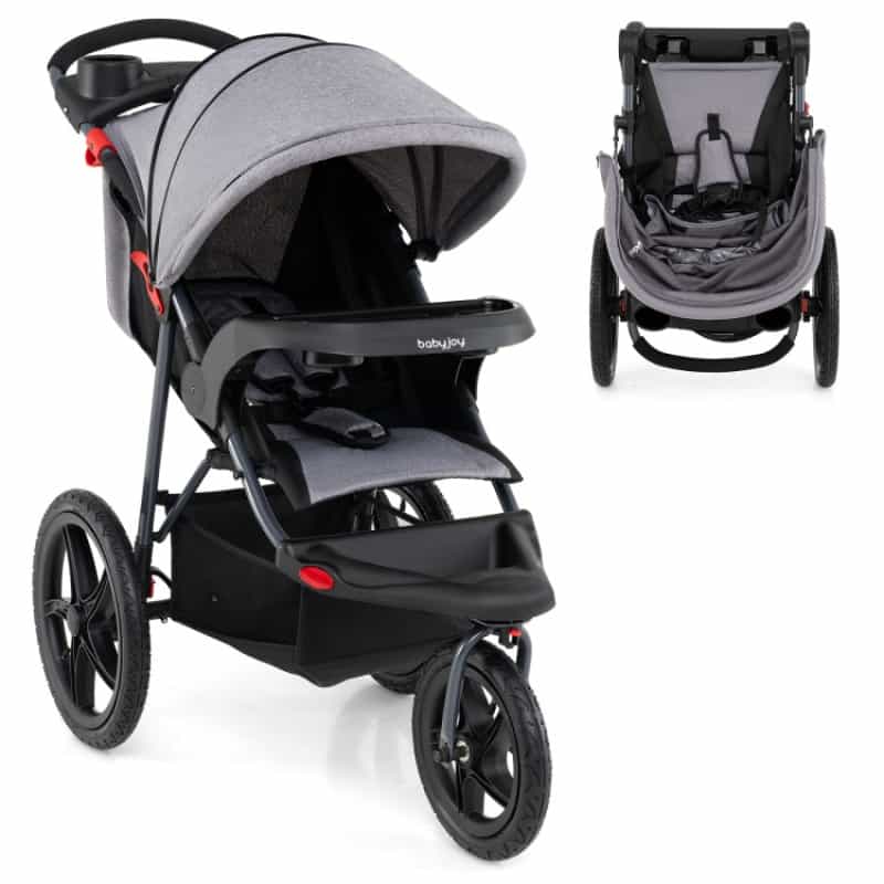 Foldable Jogging Stroller With Detachable Tray And Air-Filled Rubber Tires