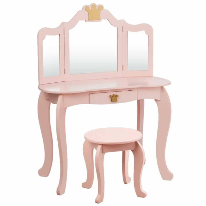 Kids Makeup Dressing Table With Tri-Folding Mirror And Stool
