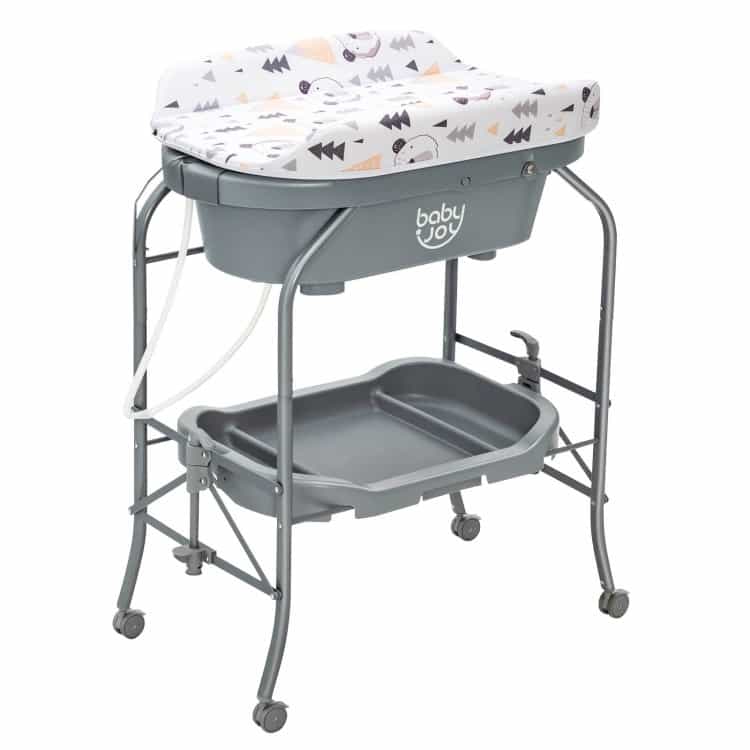 Folding Baby Changing Table With Bathtub And 4 Universal Wheels