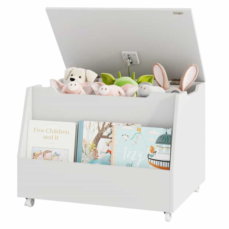 Wooden Mobile Toy Storage Organizer With Bookshelf And Lockable Wheels