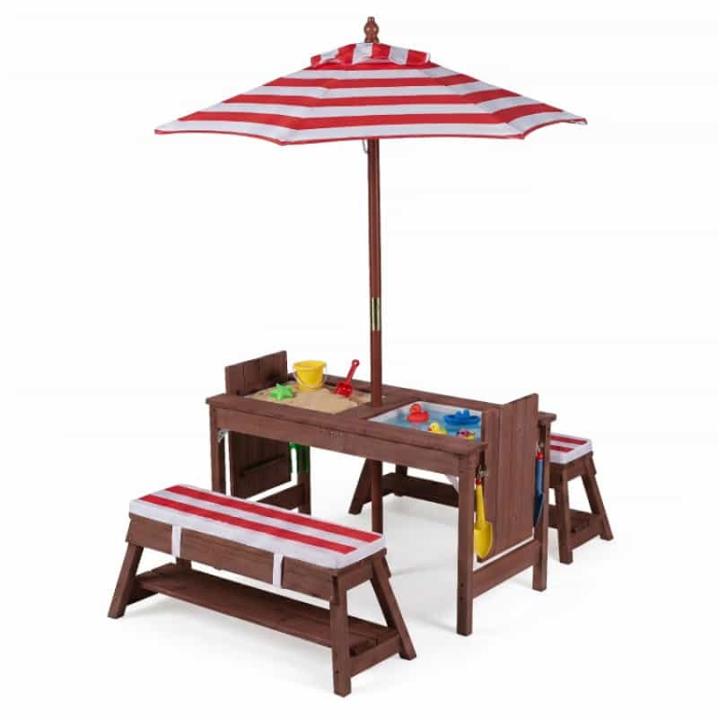 Outdoor Kids Wooden Picnic Table And Benches Set With Umbrella