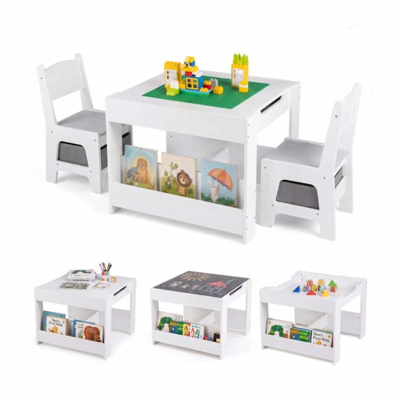 4 In 1 Kids Table And Chairs With Building Blocks And Bookshelves