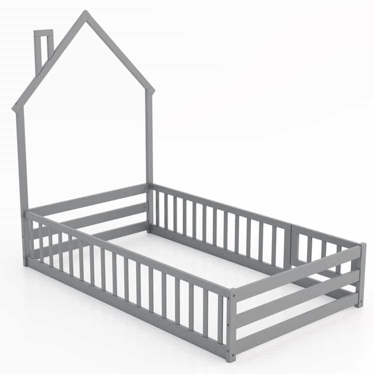 Twin Size Montessori Floor Bed With Lockable Door And Full-Length Guardrail