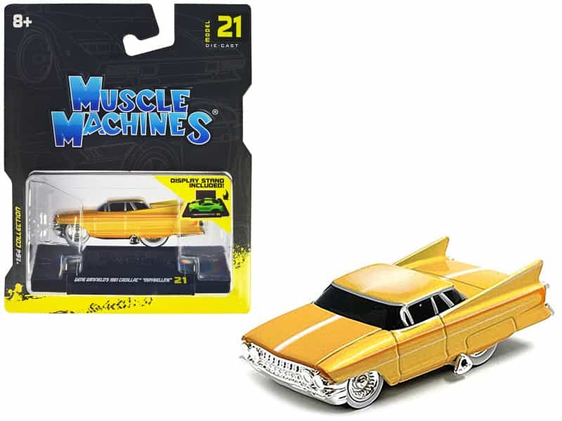 Gene Winfield’S 1961 Cadillac Maybelline Yellow Metallic With White Stripes 1/64 Diecast Model Car By Muscle Machines