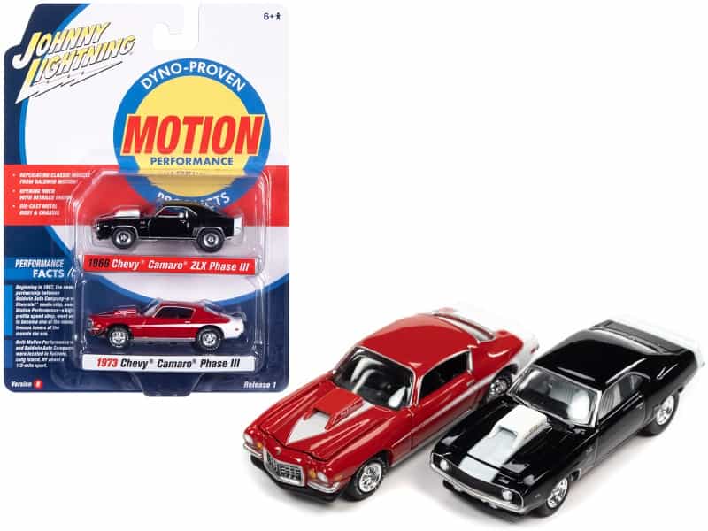 1969 Chevrolet Camaro Zlx Phase Iii Black With White Stripes And 1973 Chevrolet Camaro Phase Iii Medium Red And White "Baldwin Motion" Set Of 2 Cars 1/64 Diecast Model Cars By Johnny Lightning
