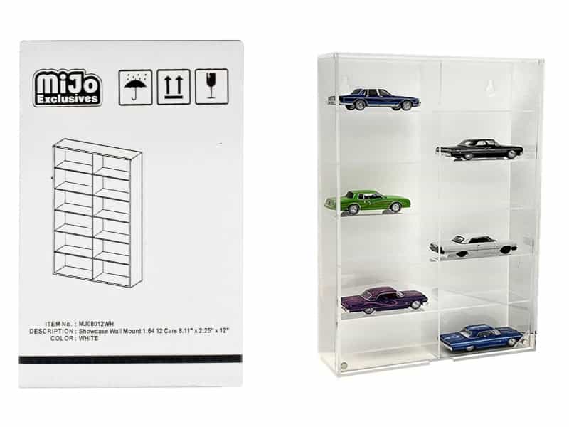 Showcase 12 Car Display Case Wall Mount With White Back Panel "Mijo Exclusives" For 1/64 Scale Models