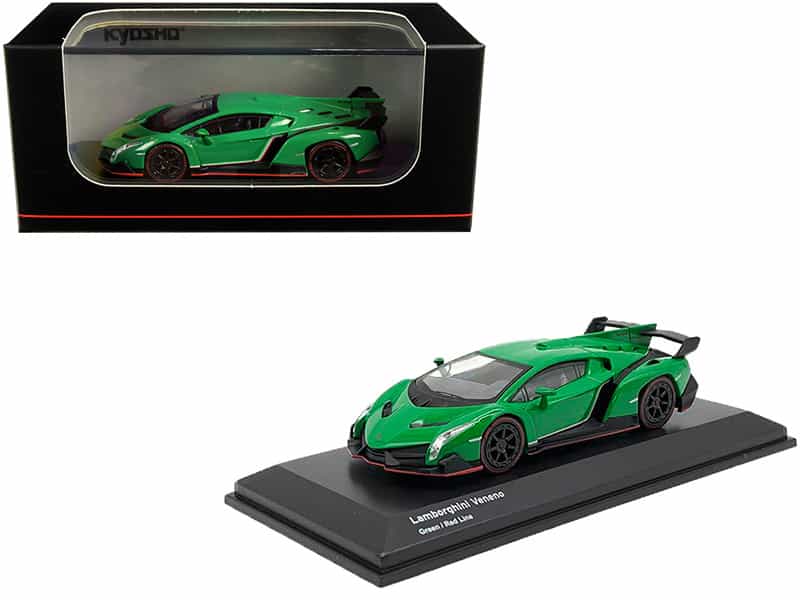 Lamborghini Veneno Green With Red Line 1/64 Diecast Model Car By Kyosho