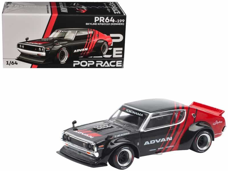 Skyline Kpgc110 "Kenmeri" Rhd (Right Hand Drive) "Advan" Black And Red 1/64 Diecast Model Car By Pop Race