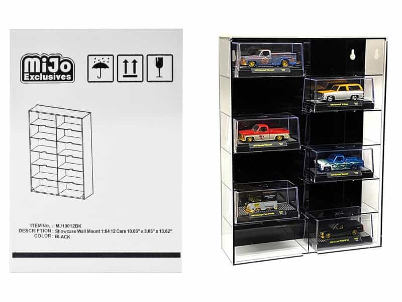 Showcase 12 Car Display Case Wall Mount With Black Back Panel And Extra Space "Mijo Exclusives" For 1/64 Scale Models