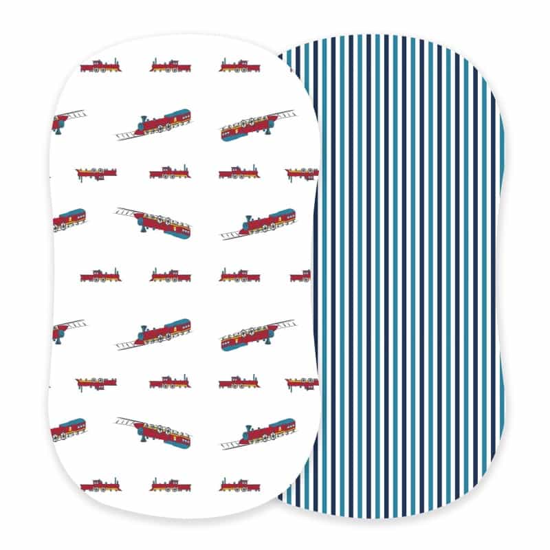 Vintage Steam Trains And Blue And White Stripe Bamboo Changing Pad Cover/Bassinet Sheets