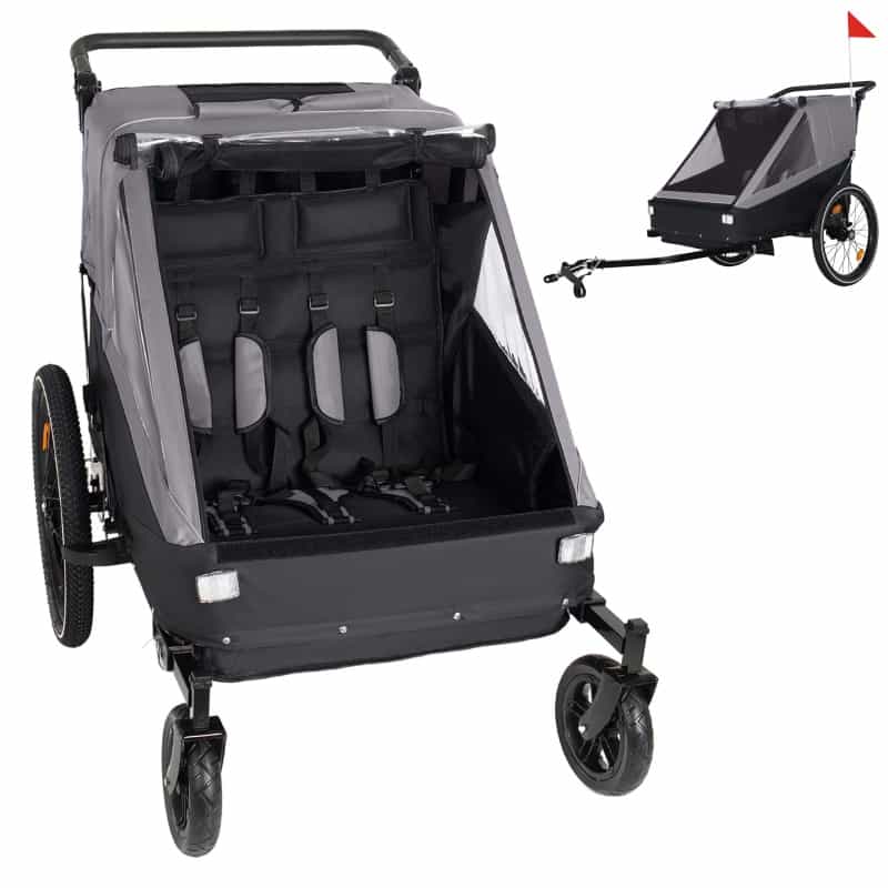 2 In 1 Kids Bike Trailer And Stroller For 1 To 2 Children, Jogging Function, Foldable Compact Storage With Universal Bike Hitch, 5-Point Harness And Storage Bags, Gray