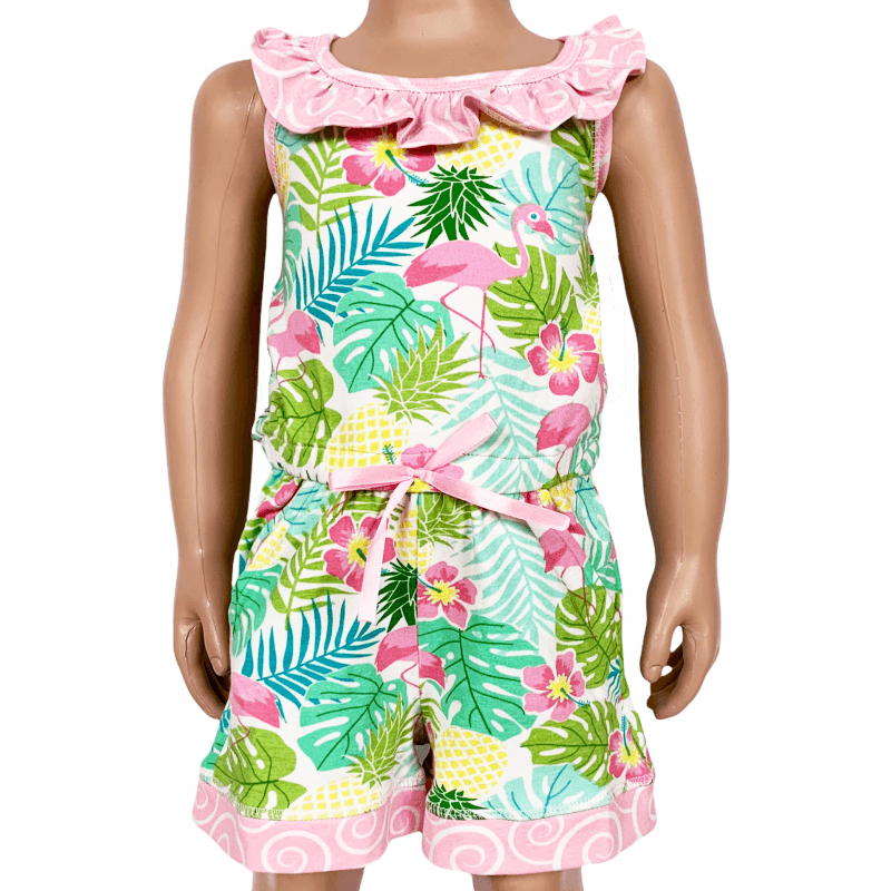 Annloren Little & Big Girls Pink Flamingo Palm Tree Kids Shorts Jumpsuit