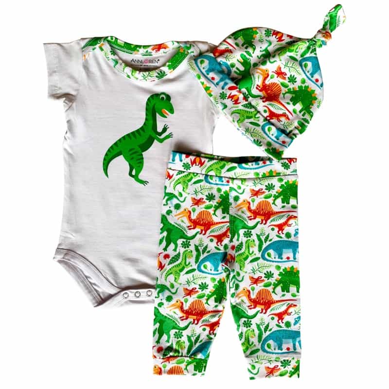 Annloren Baby Layette Boys Dinosaur Onesie Pants Cap 3Pc Gift Set Clothing Sizes 3M - 18m