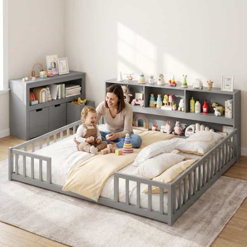 Montessori Twin Floor Bed And Kids Toy Storage Cabinet Bundle