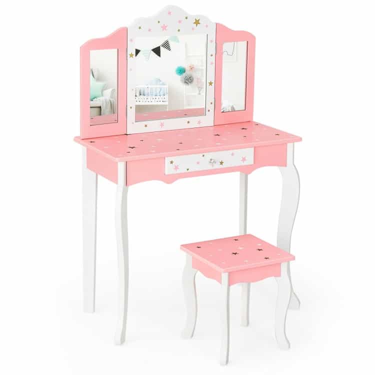Kids Princess Vanity Table And Stool Set With Tri-Folding Mirror And Drawer