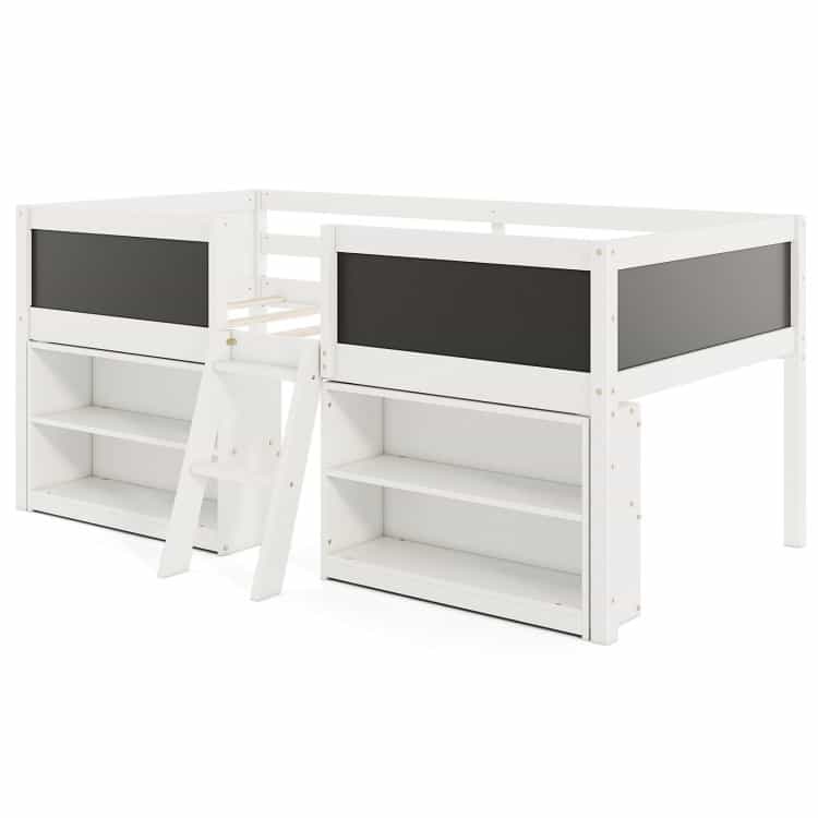 Kid Twin Size Low Loft Bed With Chalkboard Ramp Ladder And Bookcases