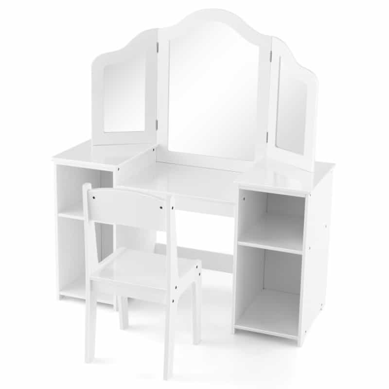 Patented Kids Vanity Table And Chair Set With Removable Tri-Folding Mirror