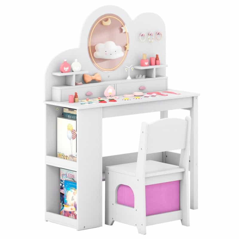Kids Vanity With Lights Princess Vanity Table And Chair Set With 2 Drawers And 2-Tier Bookshelf