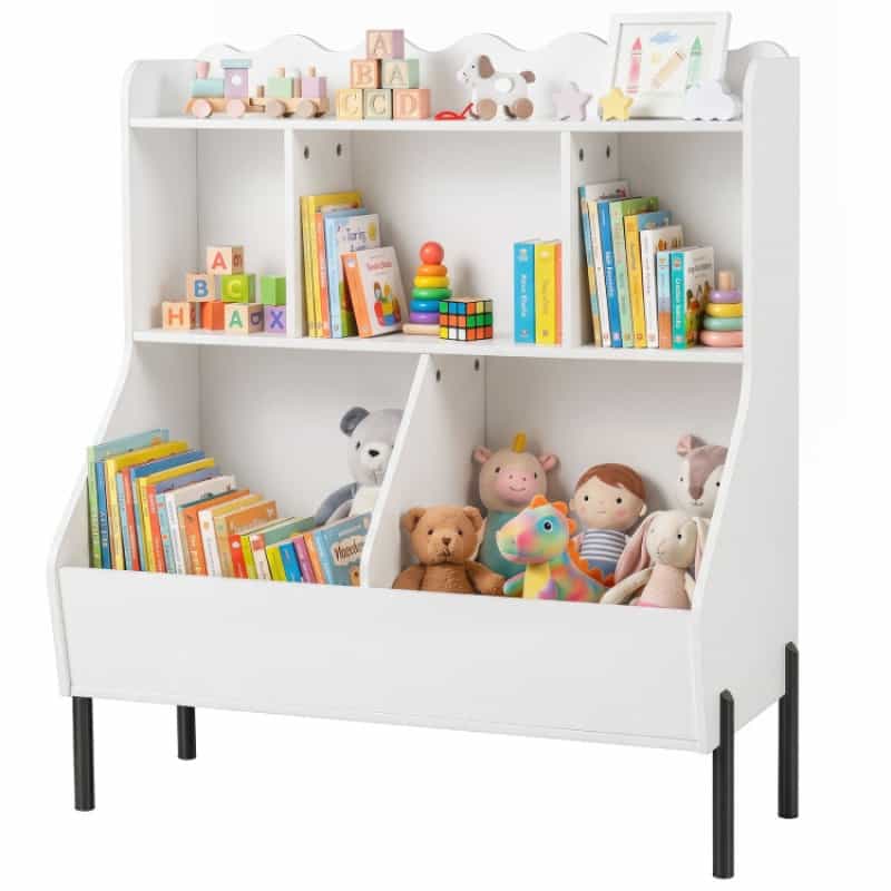 Kids Toy Storage Organizer Wooden Montessori Bookshelf With 5 Storage Cubes