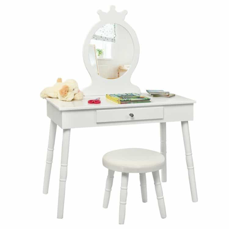 Kids Wooden Princess Makeup Table With Cushioned Stool