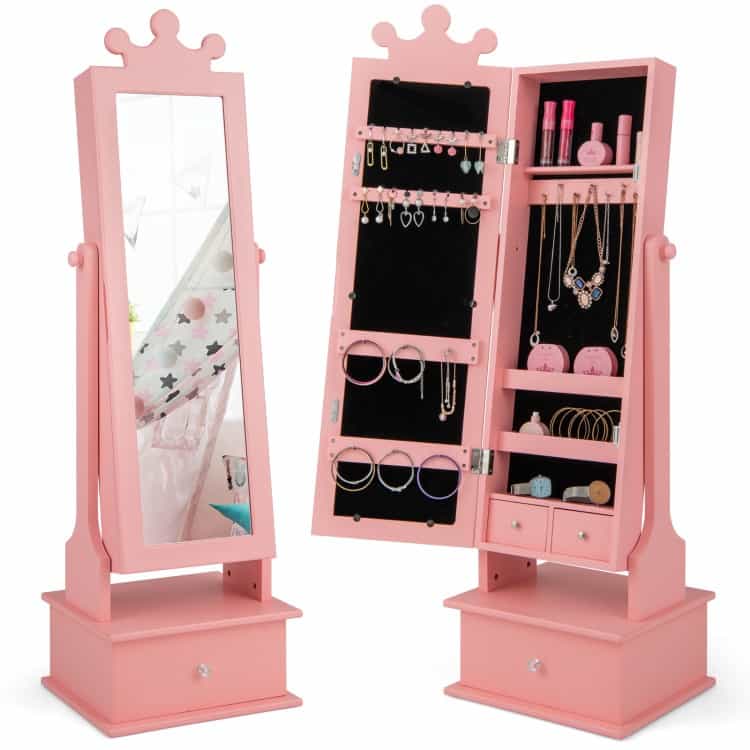 Patented 2-In-1 Kids Play Jewelry Armoire With Full Length Mirror And Drawers
