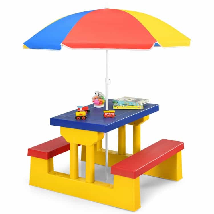 Kids Picnic Folding Table And Bench Set With Umbrella