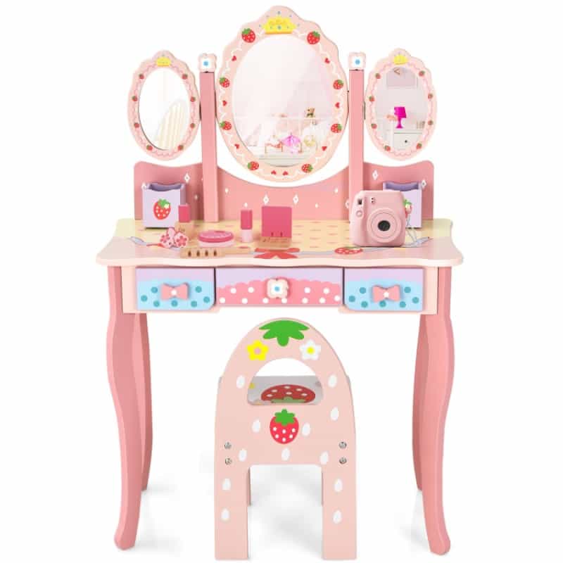 Kids Vanity Princess Makeup Dressing Table Chair Set With Tri-Fold Mirror