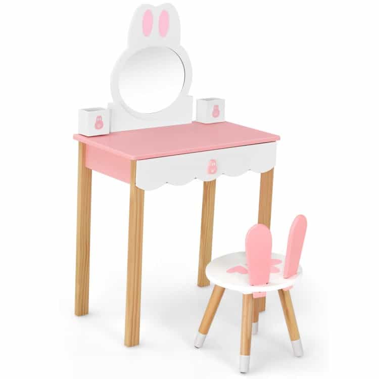 Kids Rabbit Vanity Table Chair Set With Mirror And Drawer