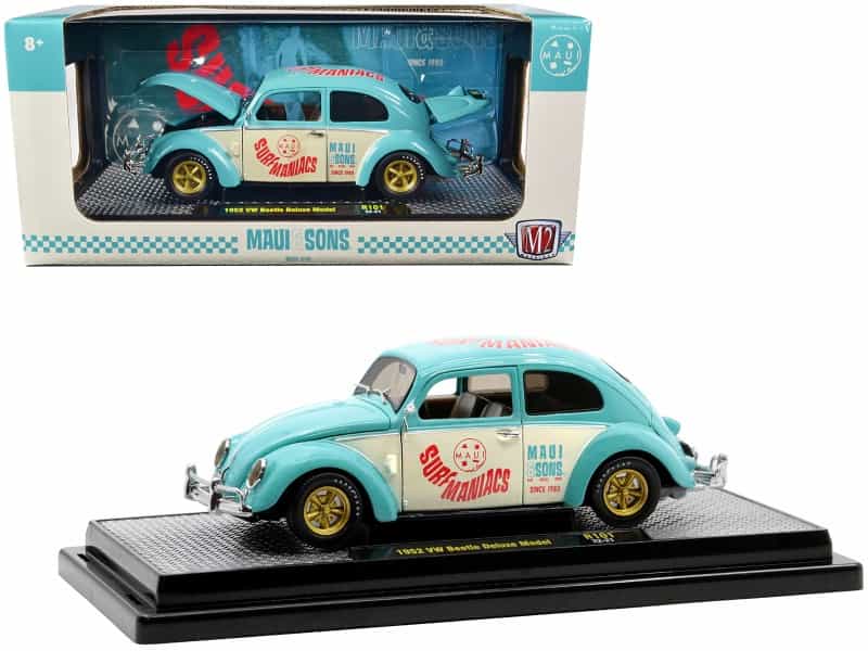 1952 Volkswagen Beetle Deluxe Model Light Blue And Wimbledon White “Maui & Sons” Limited Edition To 3850 Pieces Worldwide 1/24 Diecast Model Car By M2 Machines