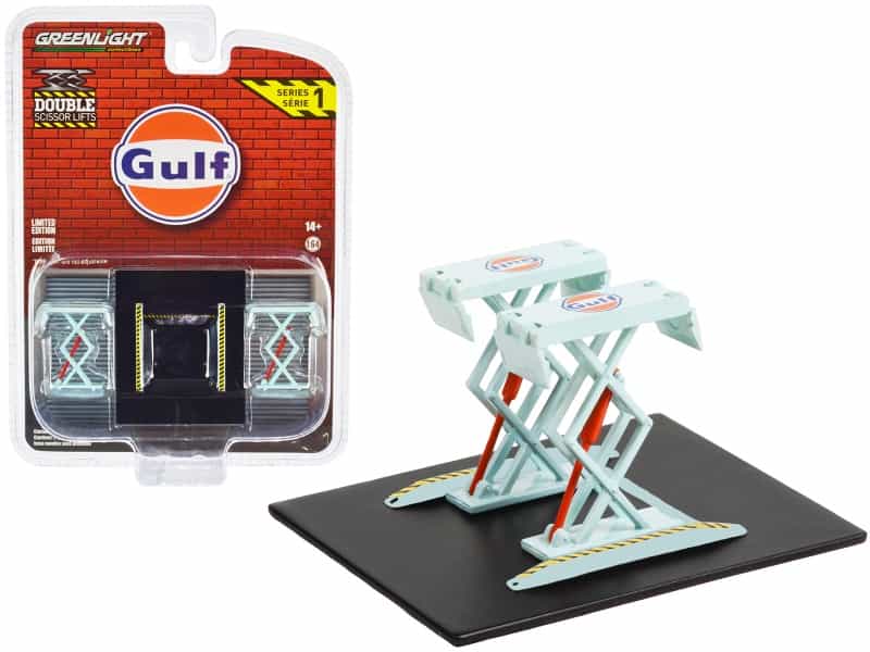 Automotive Double Scissor Lift "Gulf Oil" Light Blue "Double Scissor Lifts" Series 1 1/64 Diecast Model By Greenlight