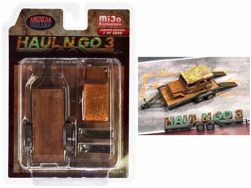 "Haul N Go 3" 4 Piece Diecast Model Set (1 Flatbed Trailer 1 Abandoned Car 2 Ramps) Limited Edition To 3600 Pieces Worldwide For 1/64 Scale Models By American Diorama