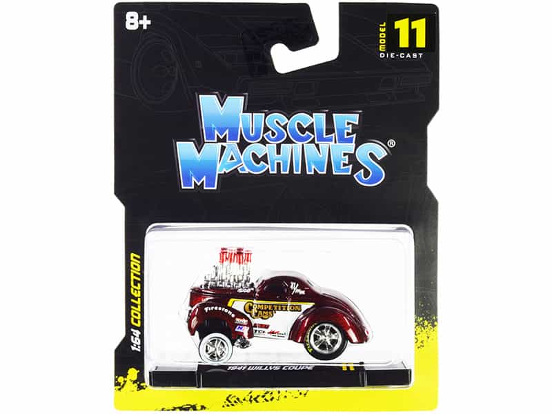 1941 Willys Coupe Gasser "Competition Cams" Red Metallic And White 1/64 Diecast Model Car By Muscle Machines