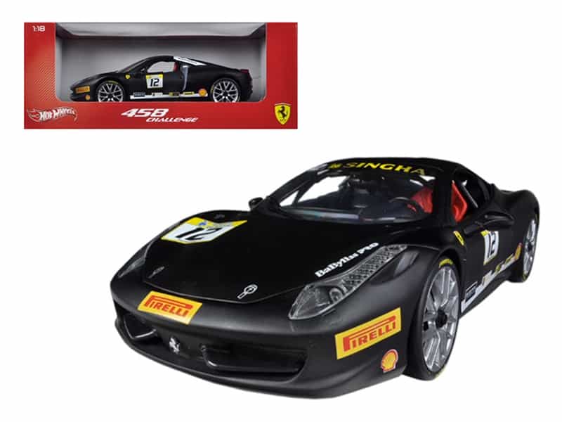 Ferrari 458 Challenge Matt Black #12 1/18 Diecast Car Model By Hot Wheels
