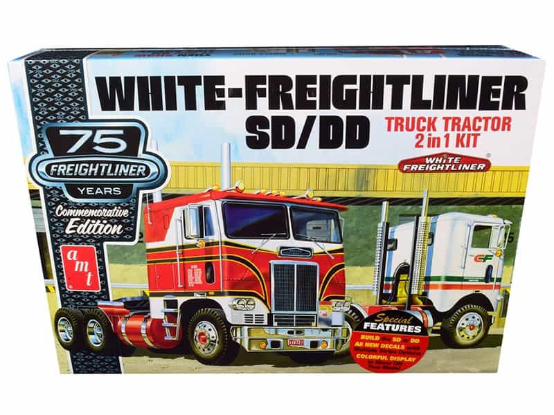 Skill 3 Model Kit White Freightliner Sd/Dd Truck Tractor 2-In-1 Kit With Display Base "75Th Freightliner Anniversary" Commemorative Edition 1/25 Scale Model By Amt