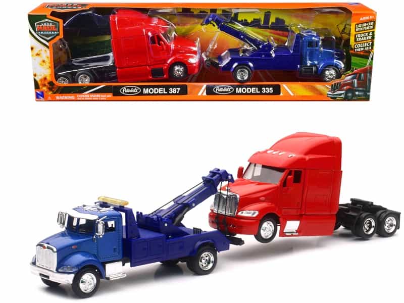 Peterbilt Model 335 Tow Truck Blue And Peterbilt Model 387 Cab Red Set Of 2 Pieces 1/43 By New Ray
