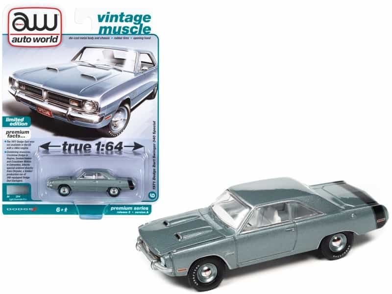 1971 Dodge Dart Swinger 340 Special Light Gunmetal Gray Metallic With Black Tail Stripe "Vintage Muscle" Limited Edition 1/64 Diecast Model Car By Auto World