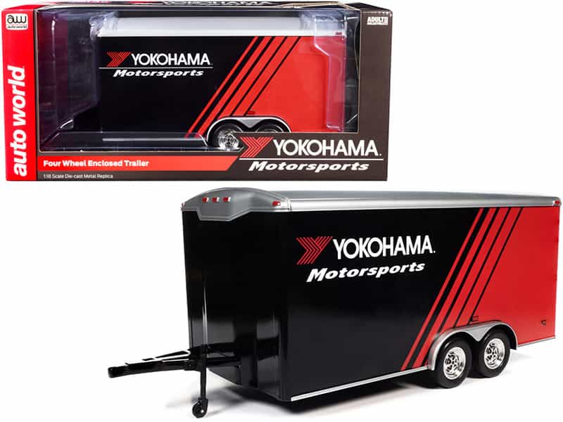 Four Wheel Enclosed Car Trailer "Yokohama Motorsports" Black And Red For 1/18 Scale Model Cars By Auto World