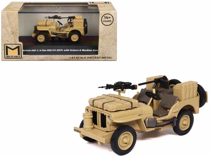 British Sas 1/4-Ton Willys Jeep With Vickers K Machine Gun Desert Sand "British Royal Army" 1/43 Diecast Model By Militaria Die Cast