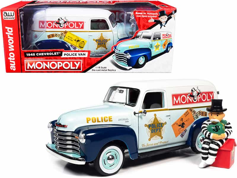 1948 Chevrolet Panel Police Van With Mr. Monopoly Figurine "Monopoly" 1/18 Diecast Model Car By Auto World