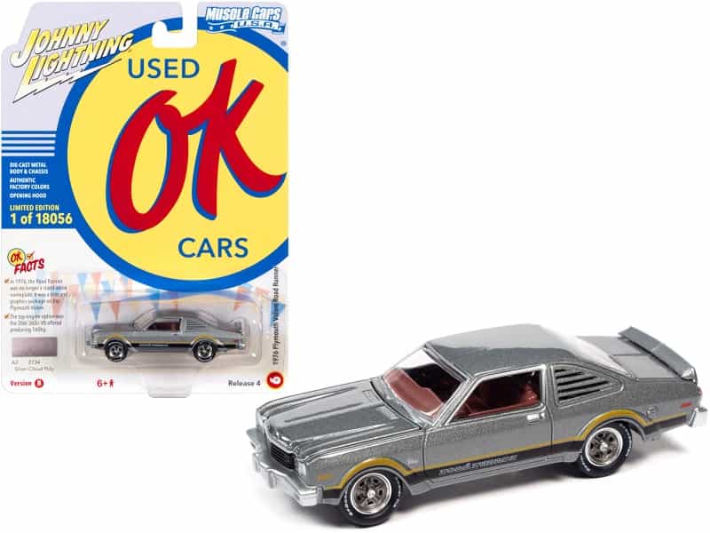1976 Plymouth Volare Road Runner Silver Cloud Metallic With Stripes "Ok Used Cars" Series Limited Edition To 18056 Pieces Worldwide 1/64 Diecast Model Car By Johnny Lightning