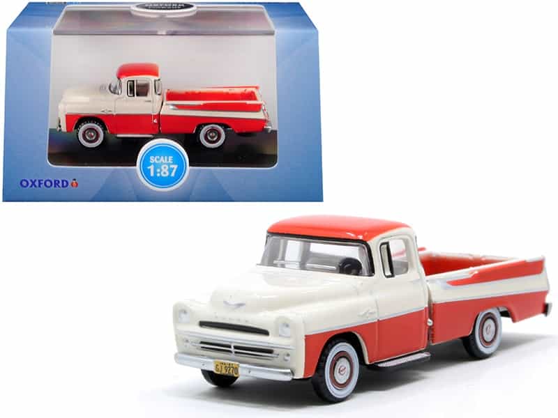 1957 Dodge D100 Sweptside Pickup Truck Tropical Coral And Glacier White 1/87 (Ho) Scale Diecast Model Car By Oxford Diecast