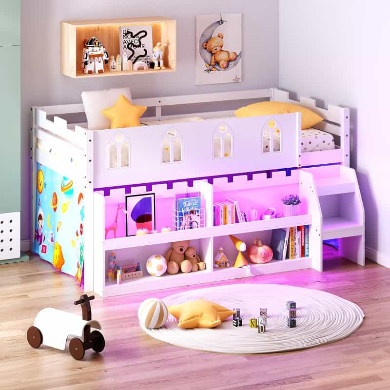 Joymor Low Loft Bed With Led Lights And Shelves - Twin, Castle Guardrail