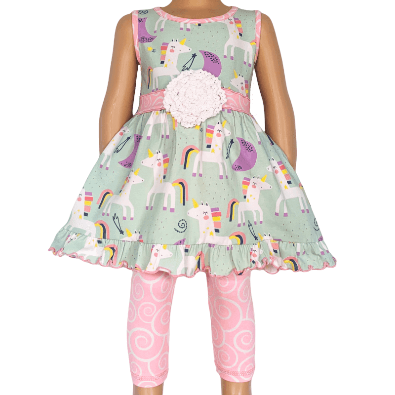 Annloren Girls Unicorns Rainbow Dress & Pink Swirl Leggings Outfit