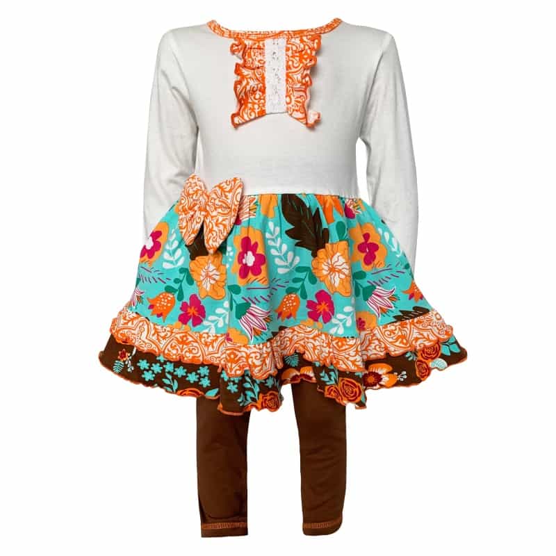 Annloren Girls Holiday Autumn Floral Ruffle Thanksgiving Dress & Leggings