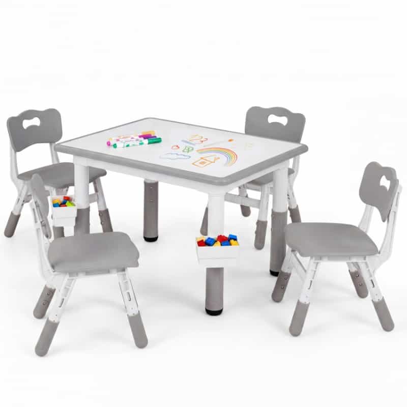 Height Adjustable Kids Table And 4 Chairs Set With Graffiti Desktop And 2 Storage Baskets