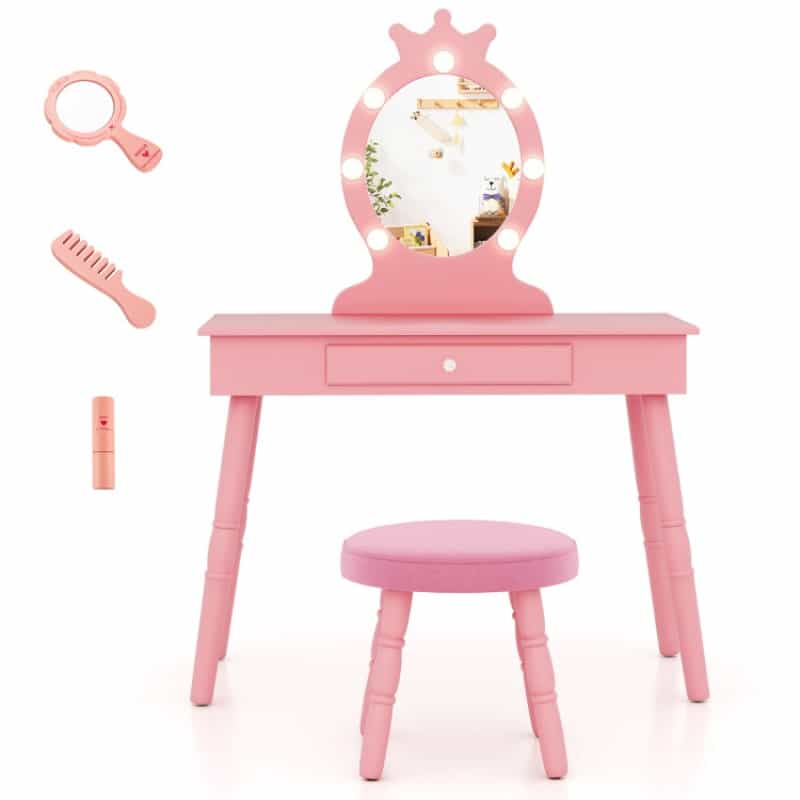Kids Vanity Set With Lighted Mirror With Adjustable Brightness And Large Drawer