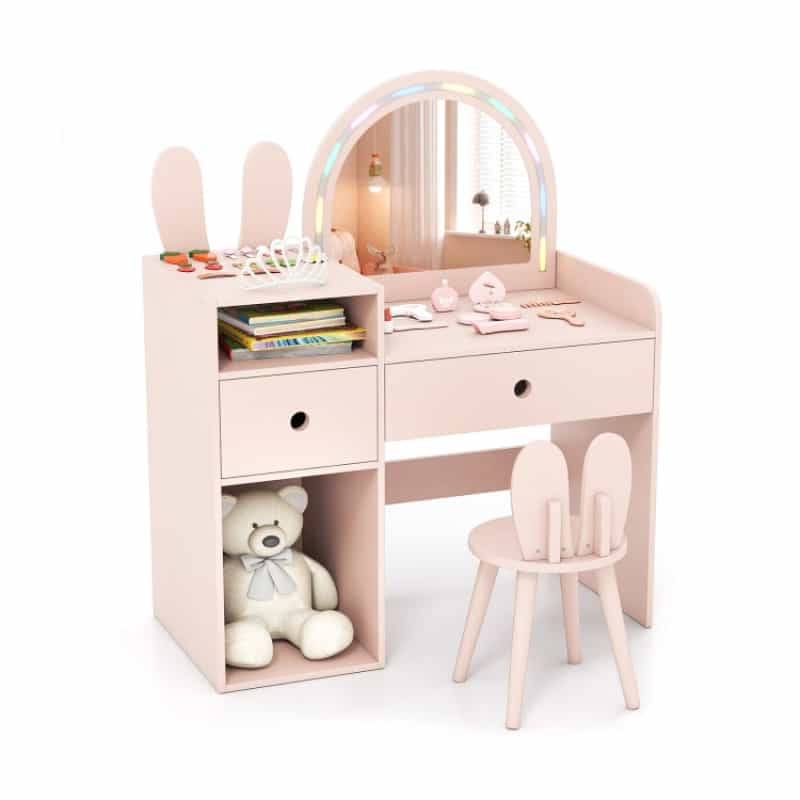 Kids Vanity Desk And Chair Set With Lights, Open Shelves