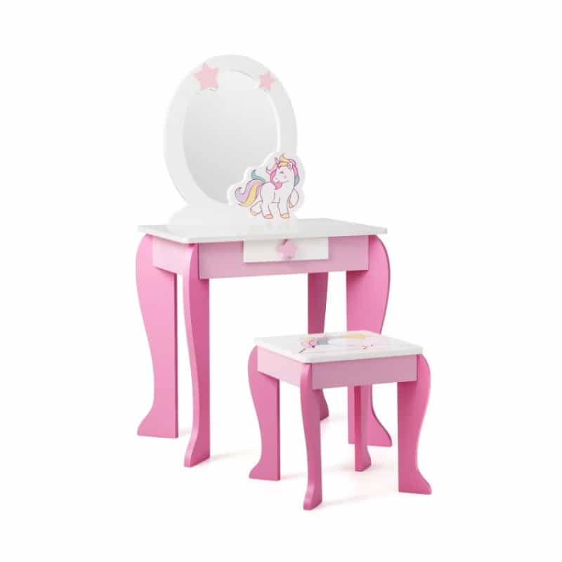 Kids Vanity Set Makeup Dressing Table And Chair Set With Mirror And Drawer